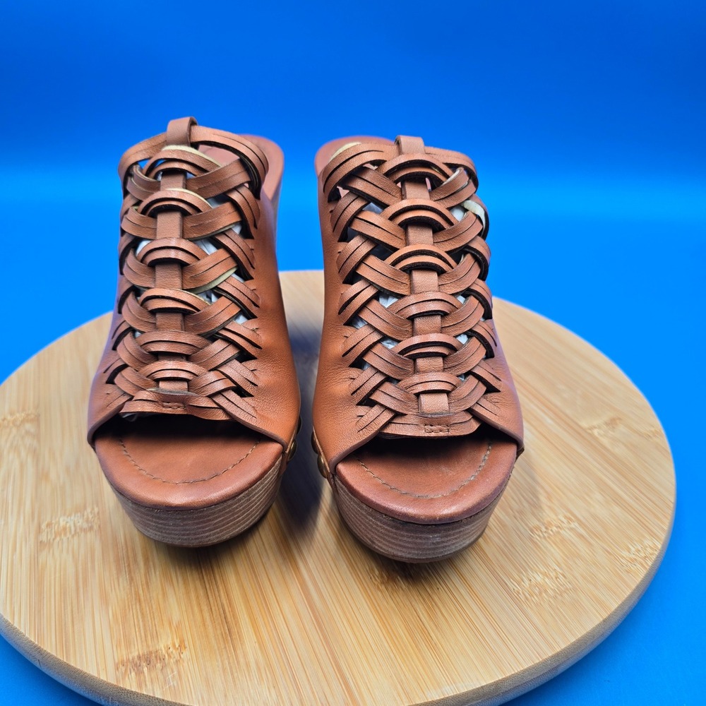 Michael Kors Woven Leather Studded Platform Clog Mules Tan Brown 7.5M PW16C - Picture 2 of 8